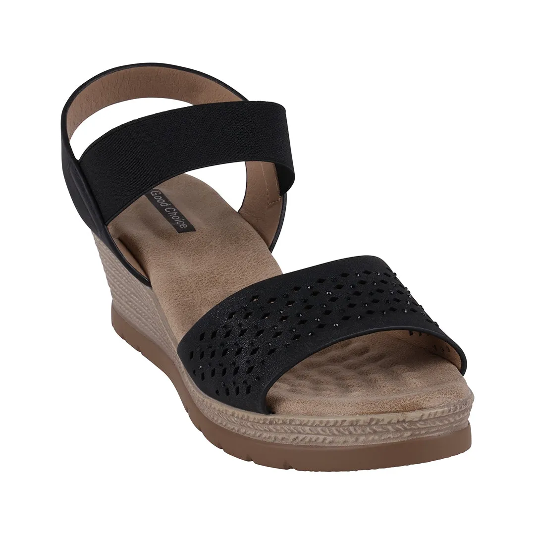 Bane Black Embellished Elastic Double Band Wedge Sandals