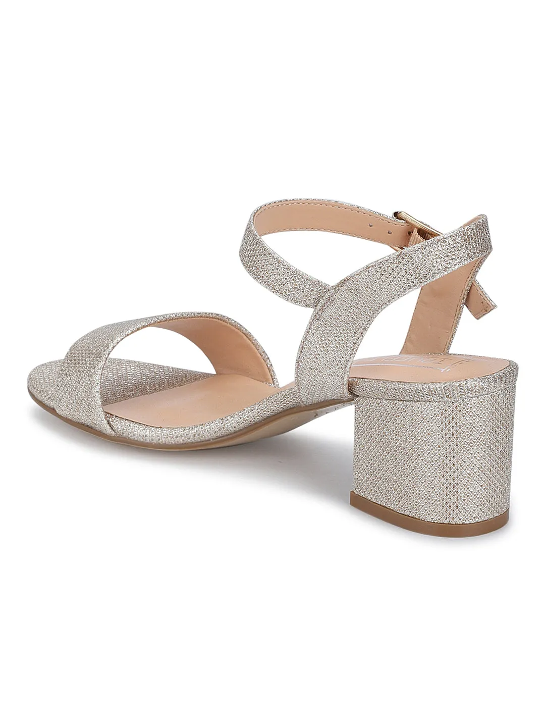 Champagne Shimmer Ankle Strap Low Block Heels