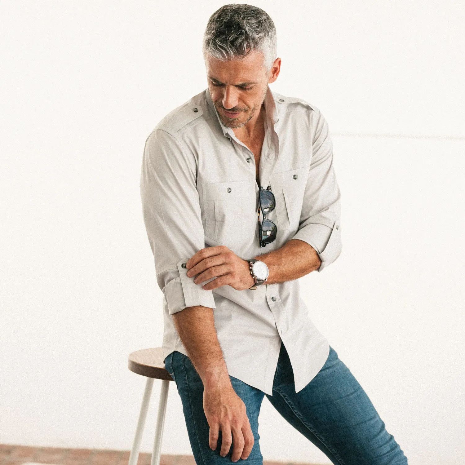 Finisher Utility Shirt – Stone Gray Stretch Cotton Poplin