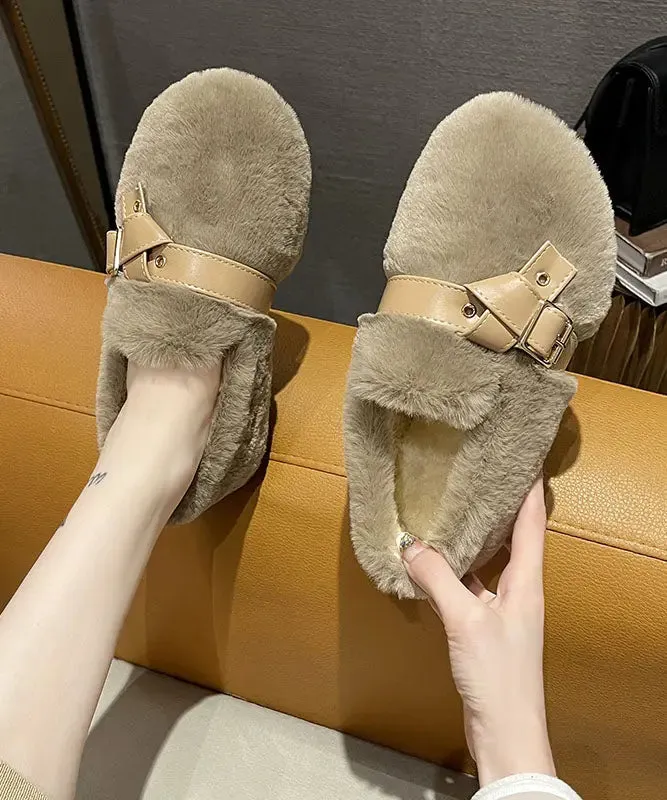 Khaki Fuzzy Fur Flat Shoes Soft Comfy Splicing Buckle Strap LY8324