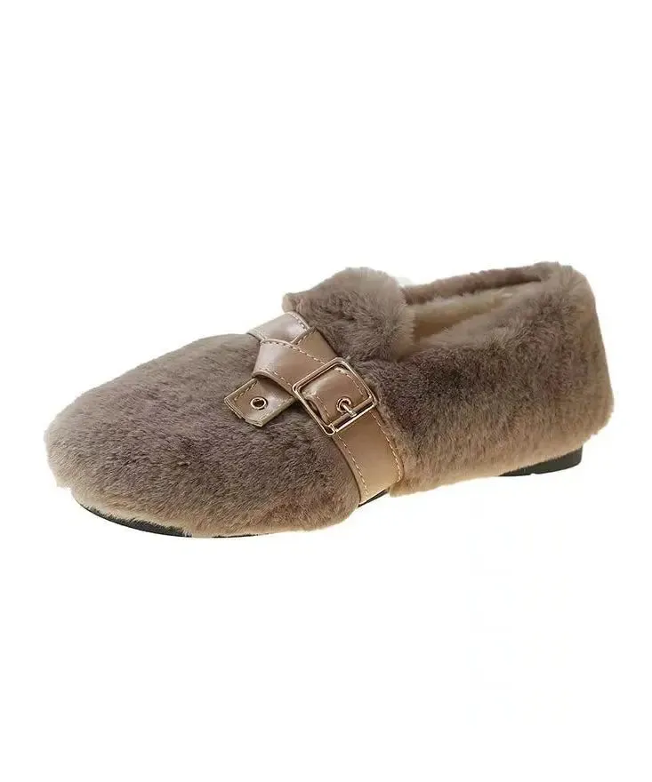 Khaki Fuzzy Fur Flat Shoes Soft Comfy Splicing Buckle Strap LY8324