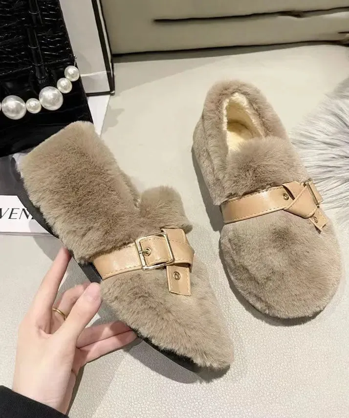 Khaki Fuzzy Fur Flat Shoes Soft Comfy Splicing Buckle Strap LY8324