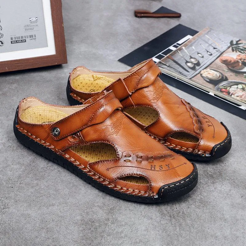 Men's Large Size Men Hand Sewing Closed Toe Comfortable Soft Leather Sandals