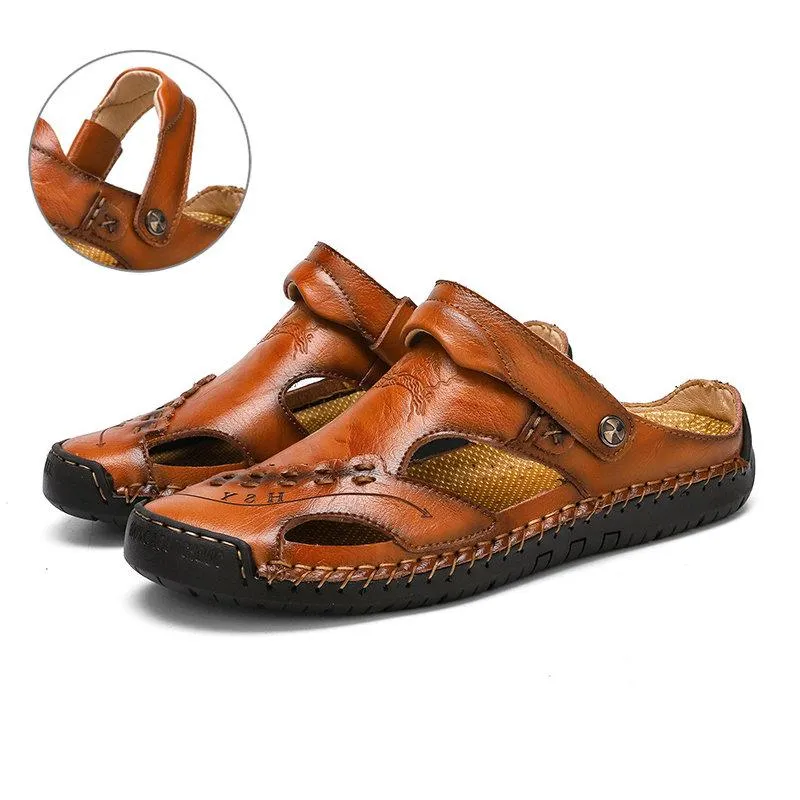 Men's Large Size Men Hand Sewing Closed Toe Comfortable Soft Leather Sandals