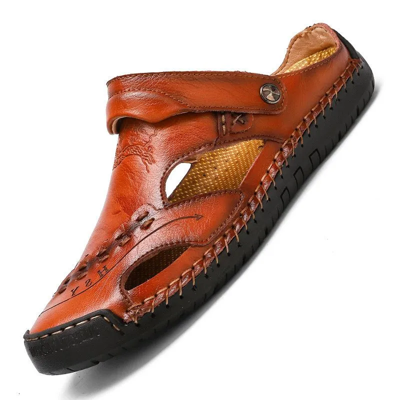 Men's Large Size Men Hand Sewing Closed Toe Comfortable Soft Leather Sandals