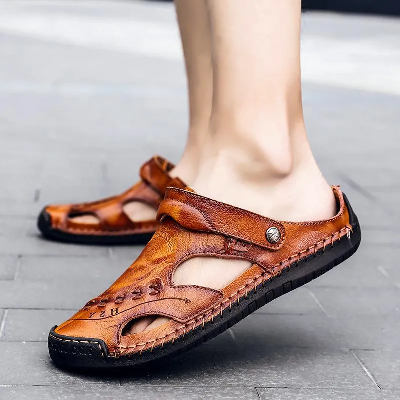 Men's Large Size Men Hand Sewing Closed Toe Comfortable Soft Leather Sandals