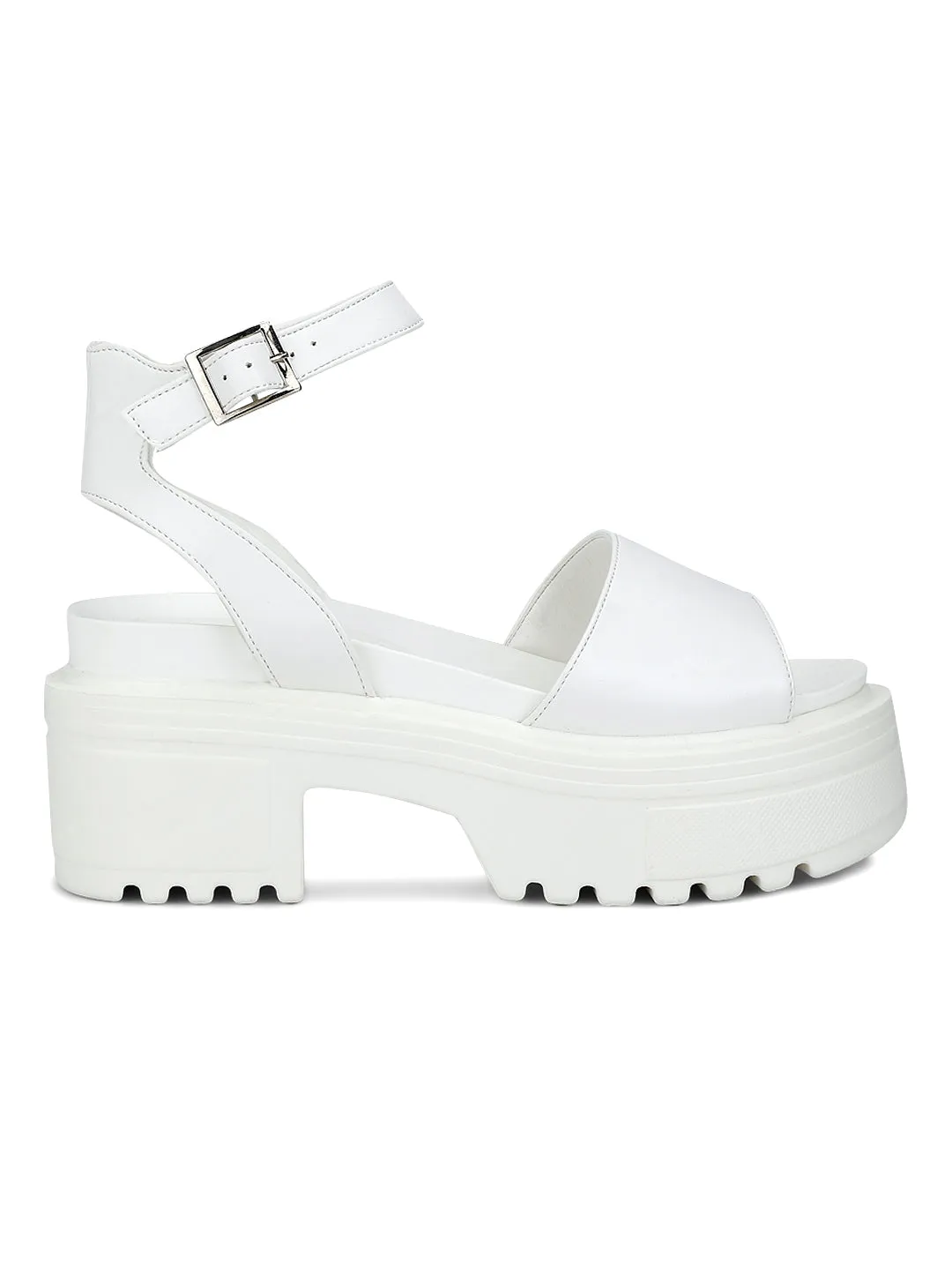 White PU Cleated Bottom Ankle Strap Platform Block Heels