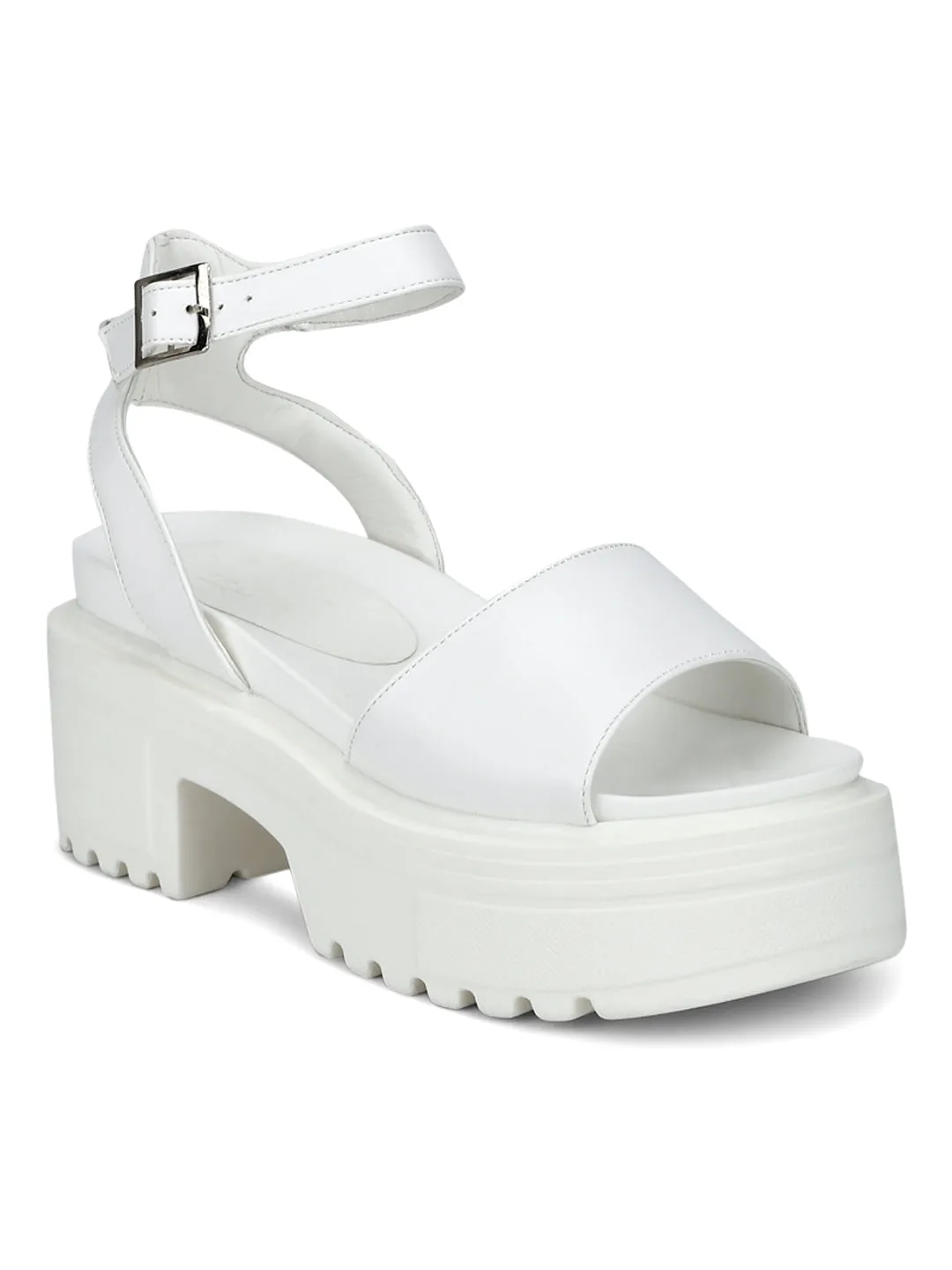 White PU Cleated Bottom Ankle Strap Platform Block Heels