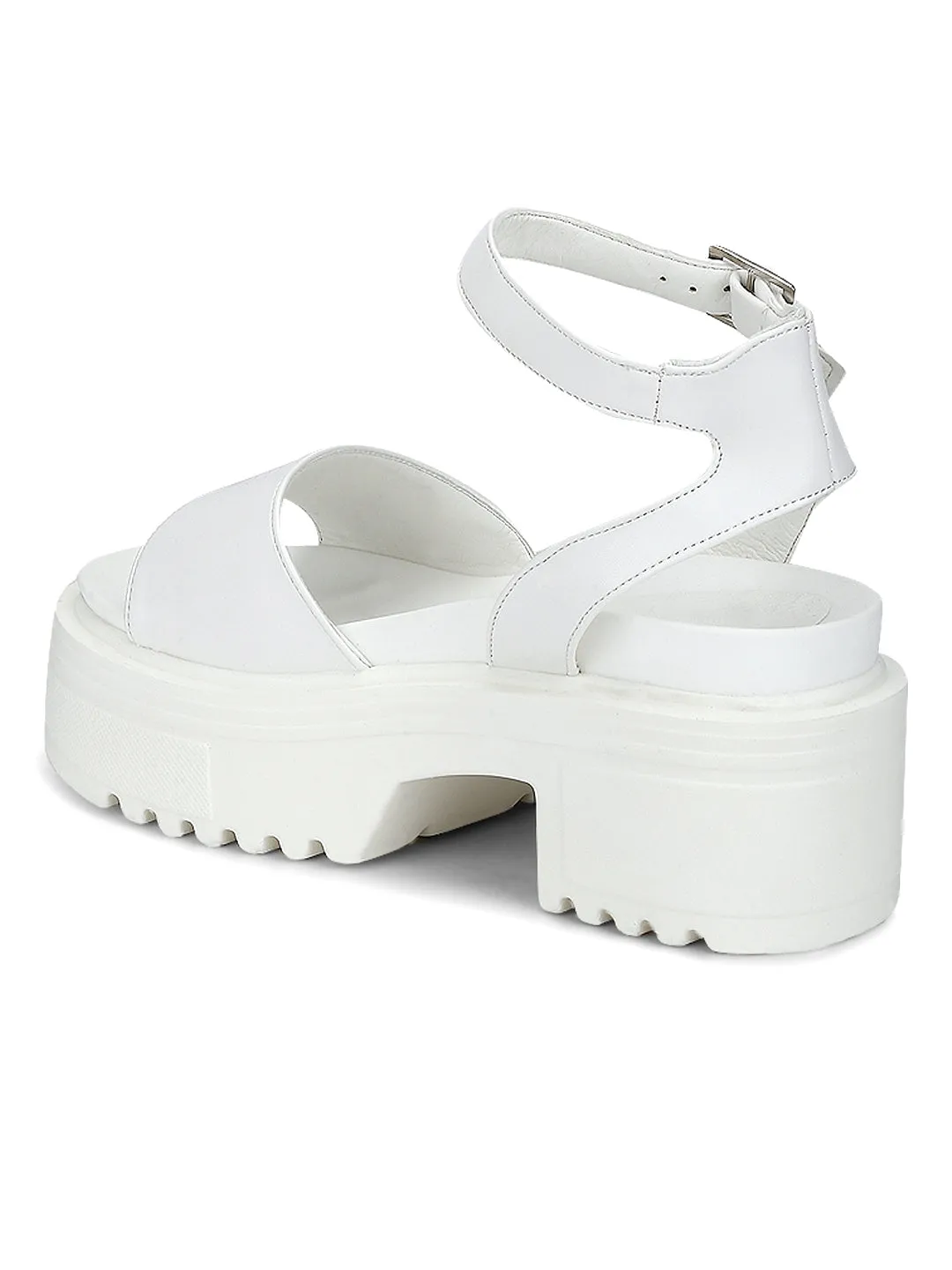 White PU Cleated Bottom Ankle Strap Platform Block Heels