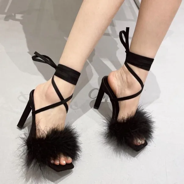 Women fuzzy square toe strappy lace up chunky heels