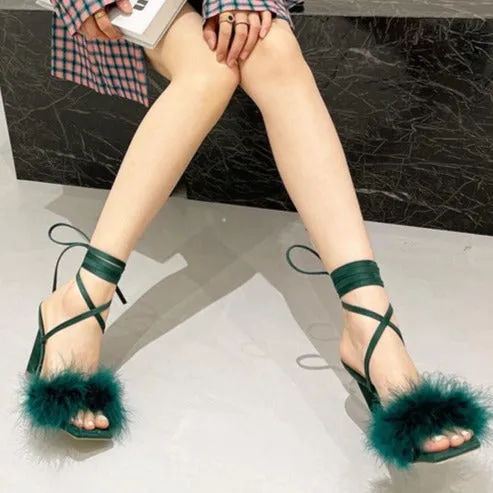 Women fuzzy square toe strappy lace up chunky heels