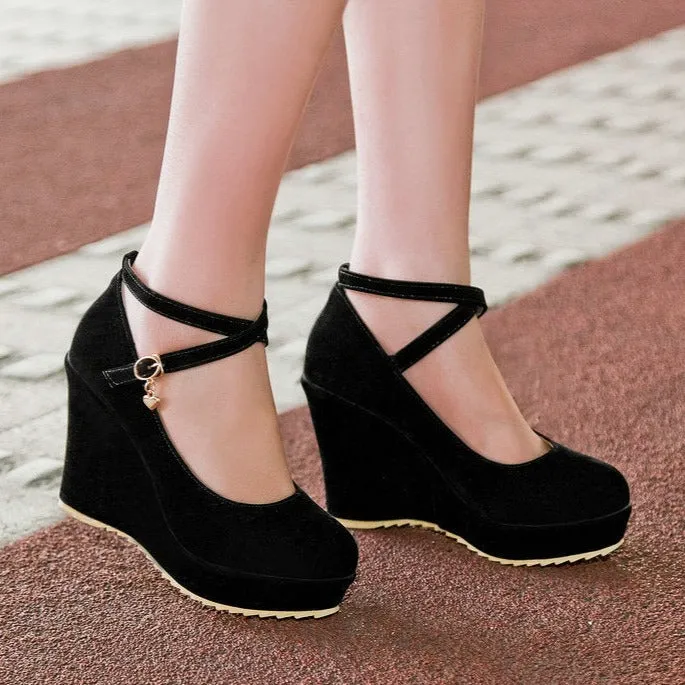 Women platform round closed toe criss cross buckle strap wedge heels