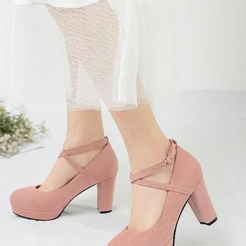 Women solid color chunky high criss cross strap platform heels