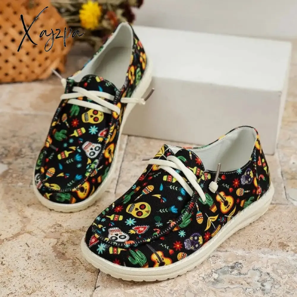 Xajzpa - Black Casual Patchwork Printing Round Comfortable Shoes