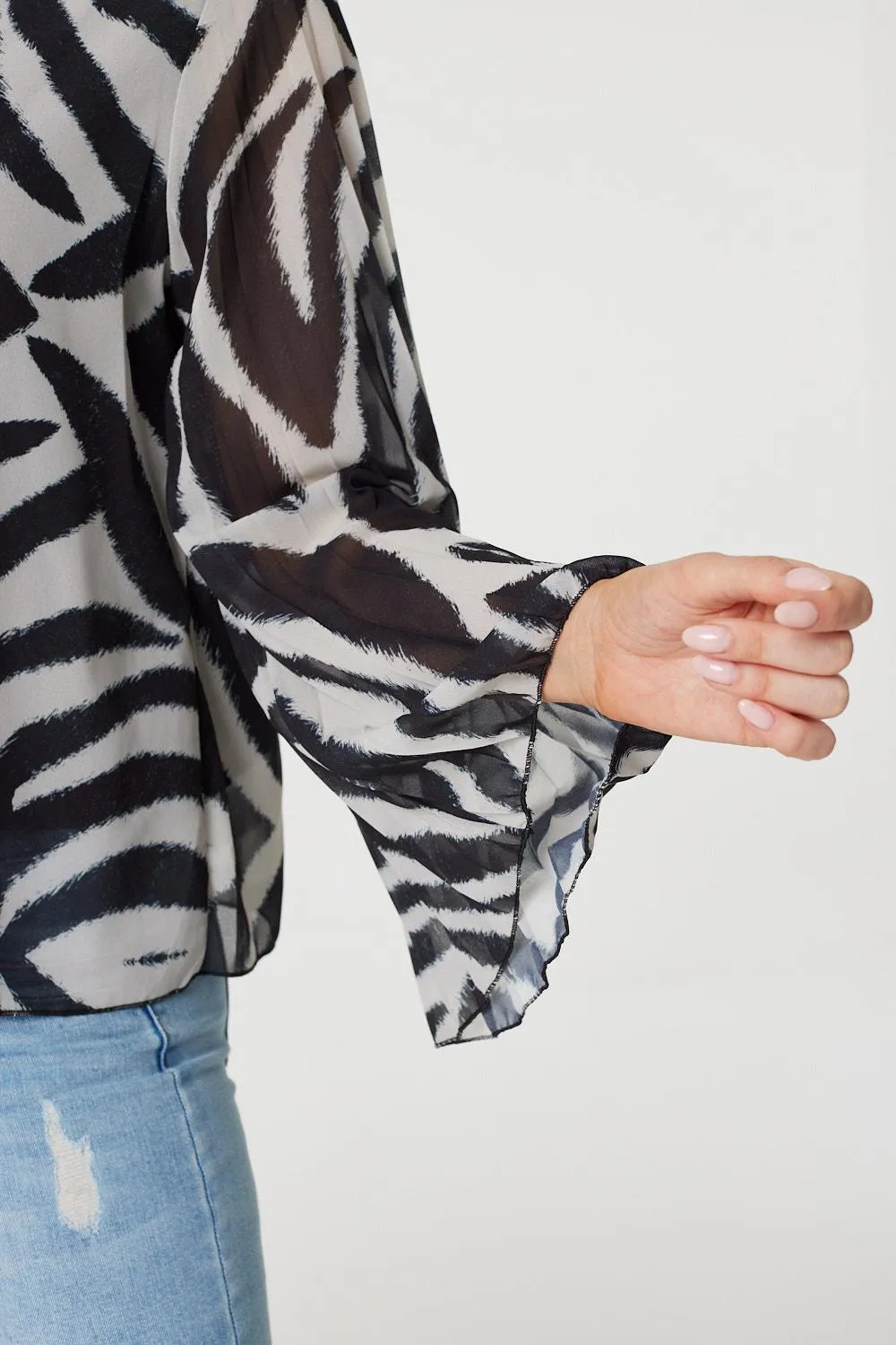 Zebra Print Sheer Sleeve Blouse