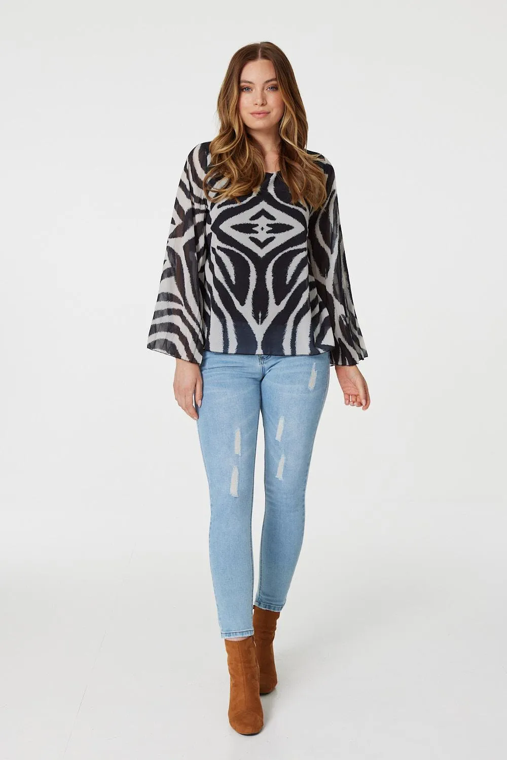 Zebra Print Sheer Sleeve Blouse